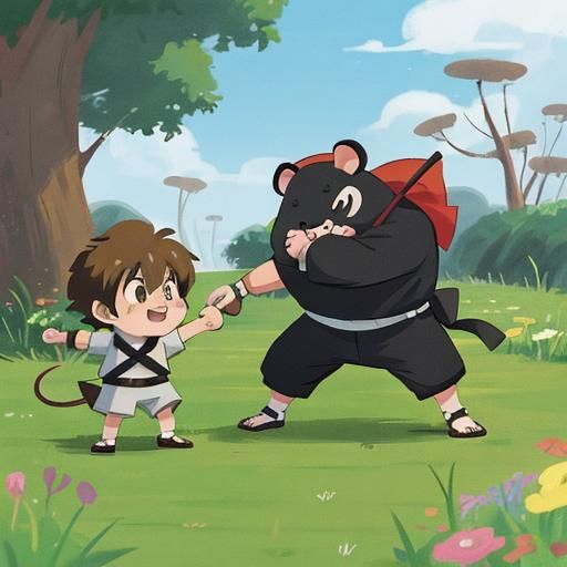 Anime-style Little ninjas mouse and cow in battle adorable shaggy cartoony, conceptual art