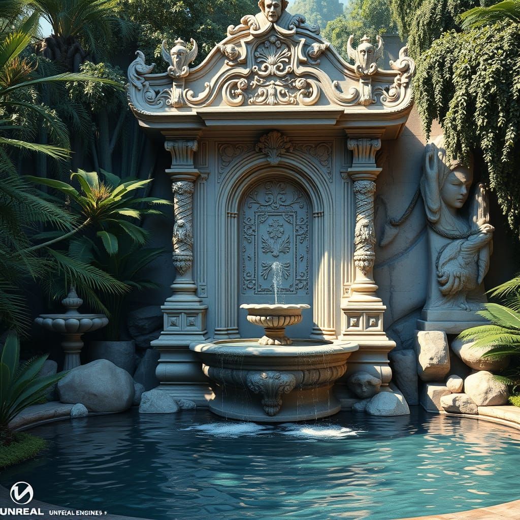Ornate Marble Wishing Fountain in Detailed Matte Painting St...