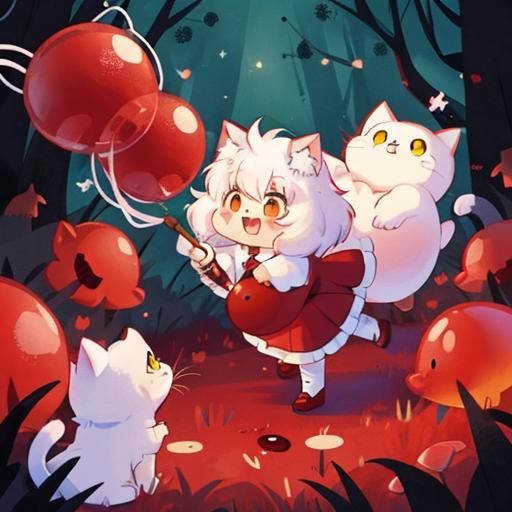 Cats Attack Red Jelly Blobs: Whimsical Cartoon