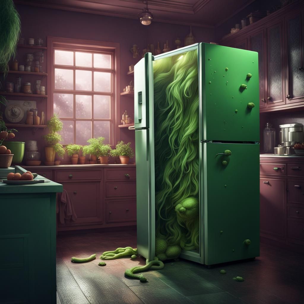 Weird Green Growth in Fridge: Detailed Fantasy Art