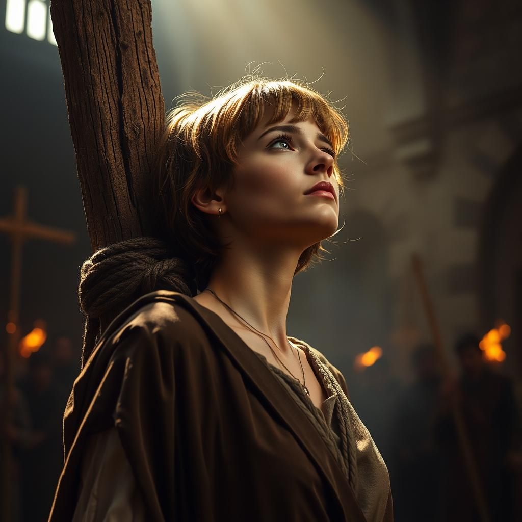 Joan of Arc, tied to the stake, awaiting the lighting of the...