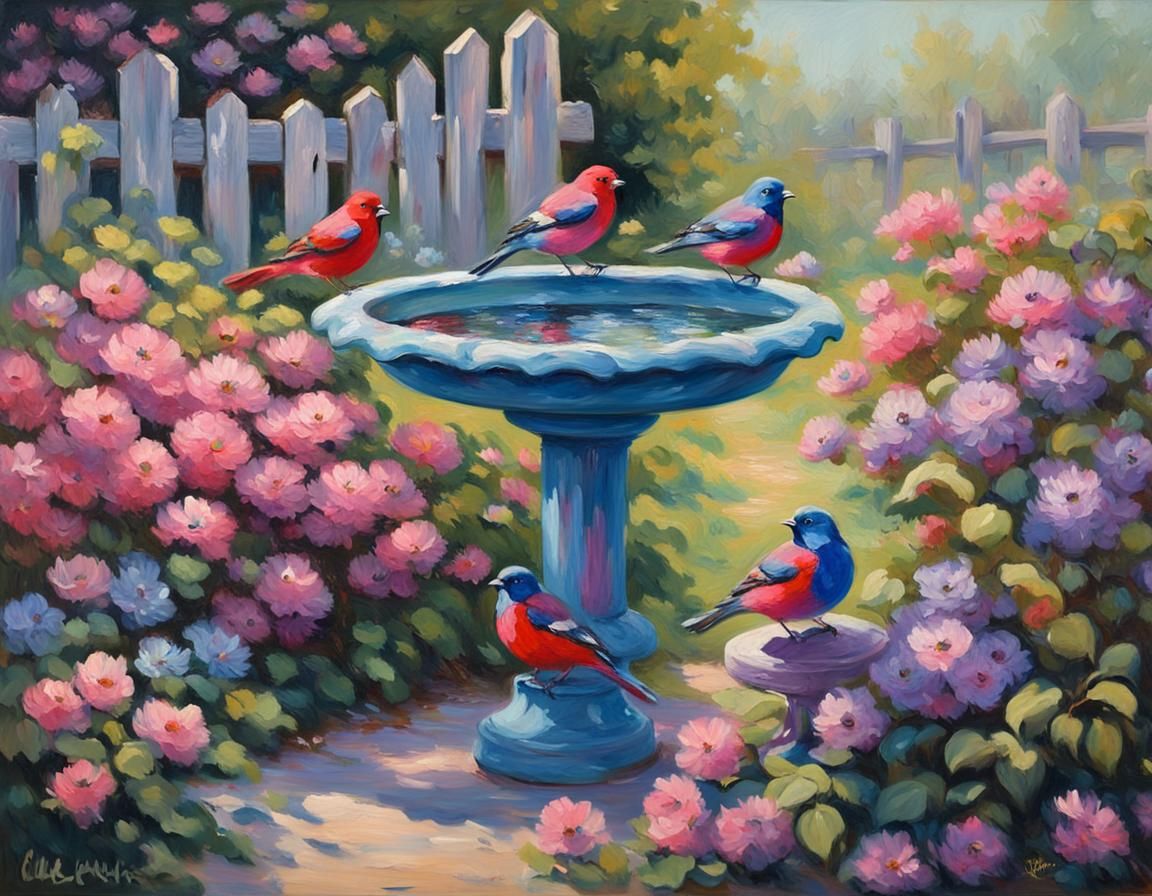 Impressionist Garden Scene with Birdbath and Birds