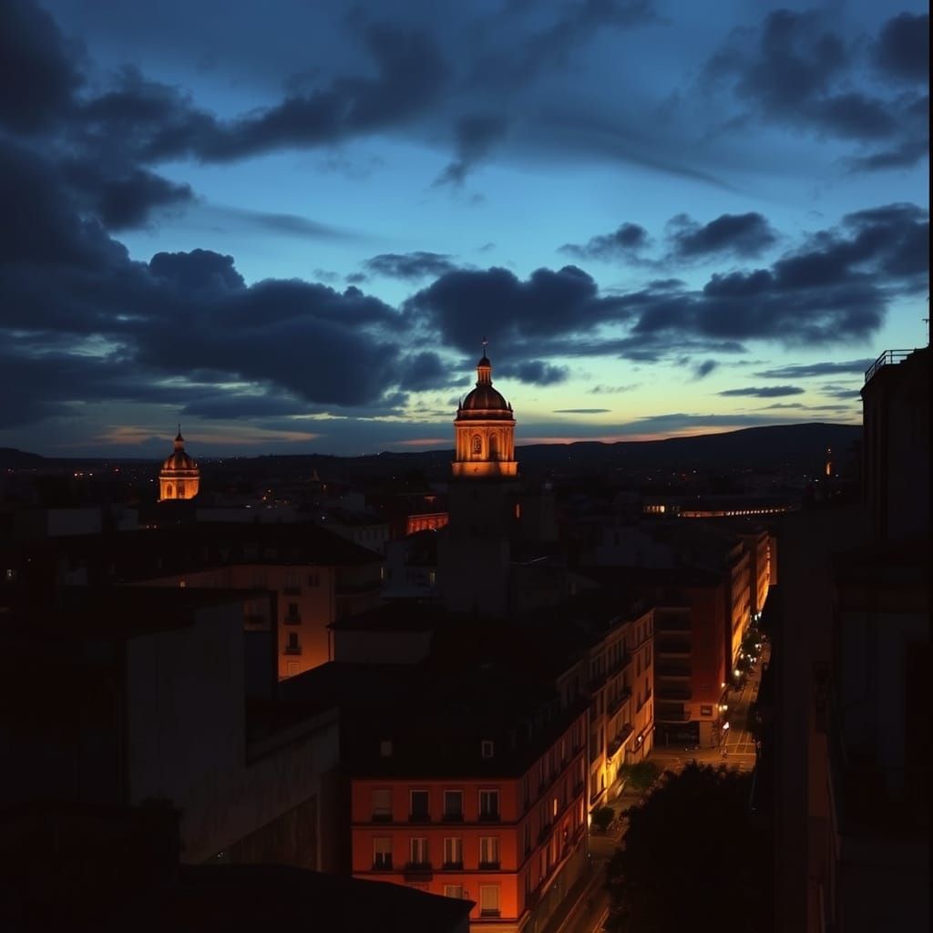 Spanish Cityscape in Darkening Twilight