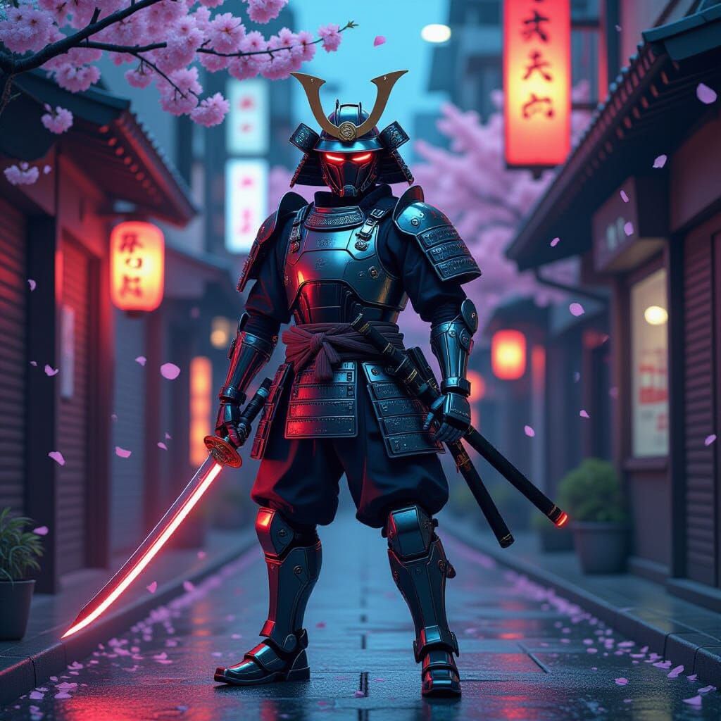 Chrome Samurai Robot Guarding Neon Tokyo Alleyway