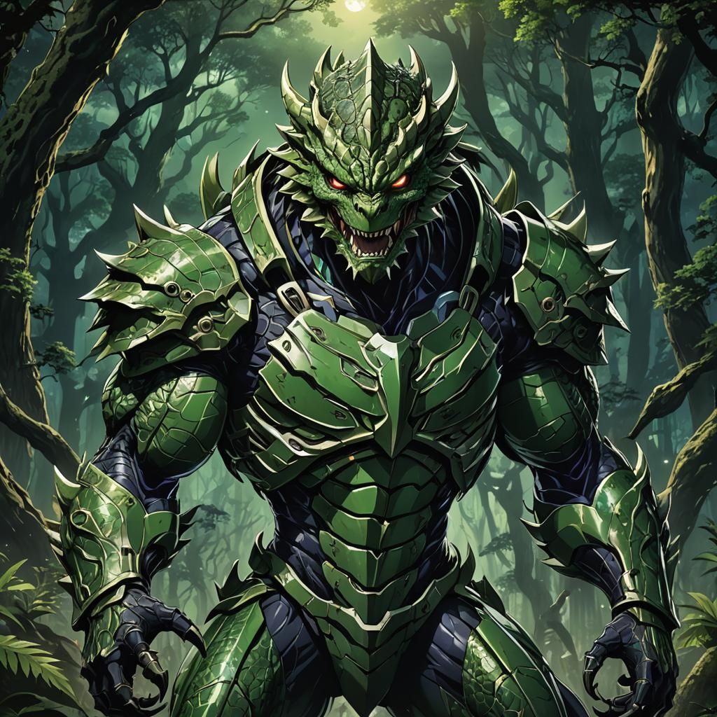 Reptilian Warrior in Mystic Forest, Anime Key Visual