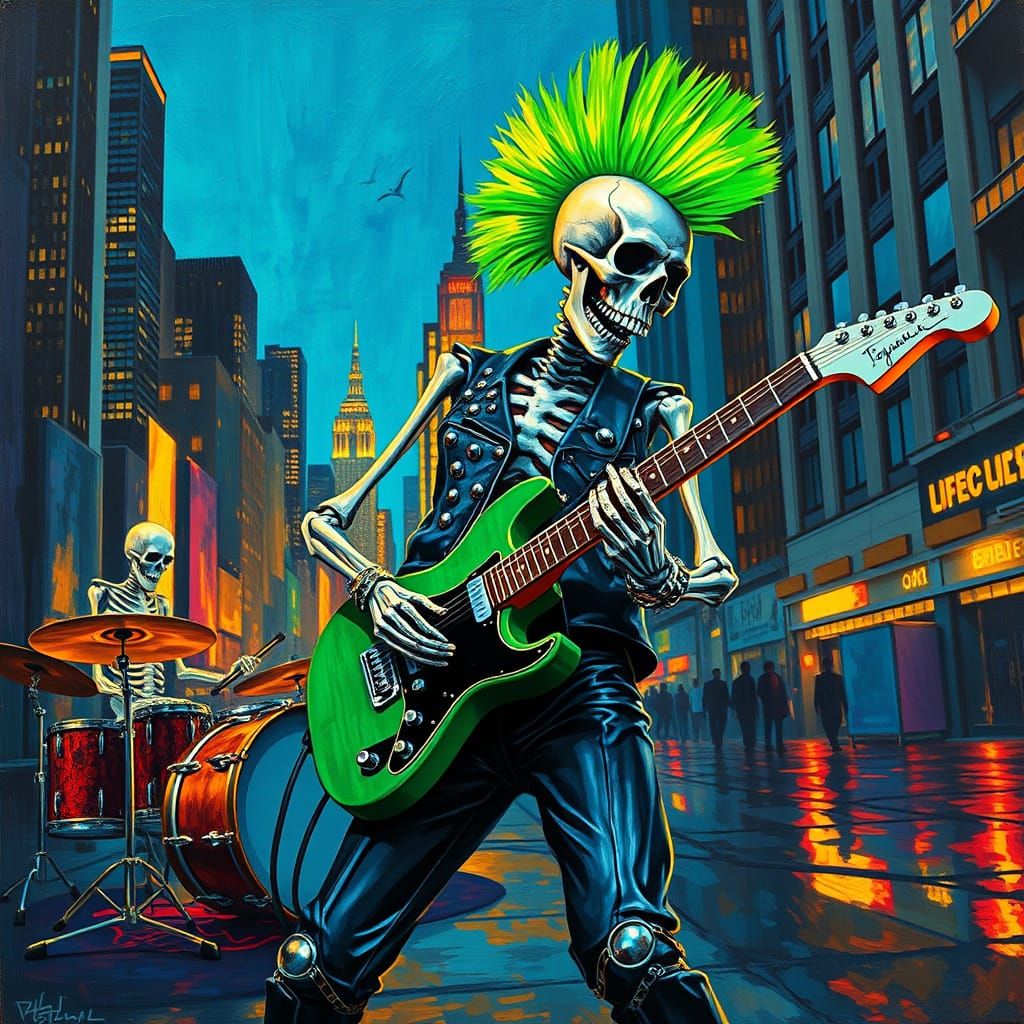 Electric Skeleton Rockstar in Neon Cityscape