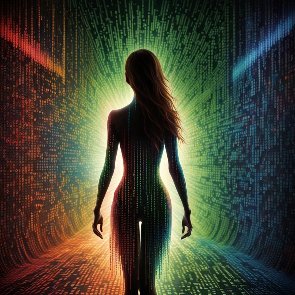 Captivating Woman Silhouette in Colorful Binary Code