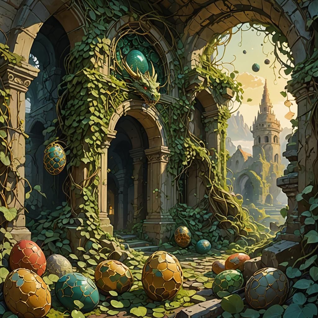 Dragon Eggs in Ancient Ruins: Art Nouveau Fantasy
