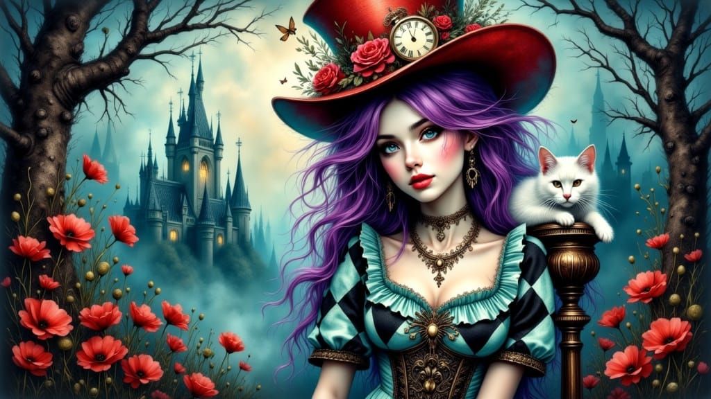 Steampunk Goddess with Feline Companion in Whimsical Wonderl...