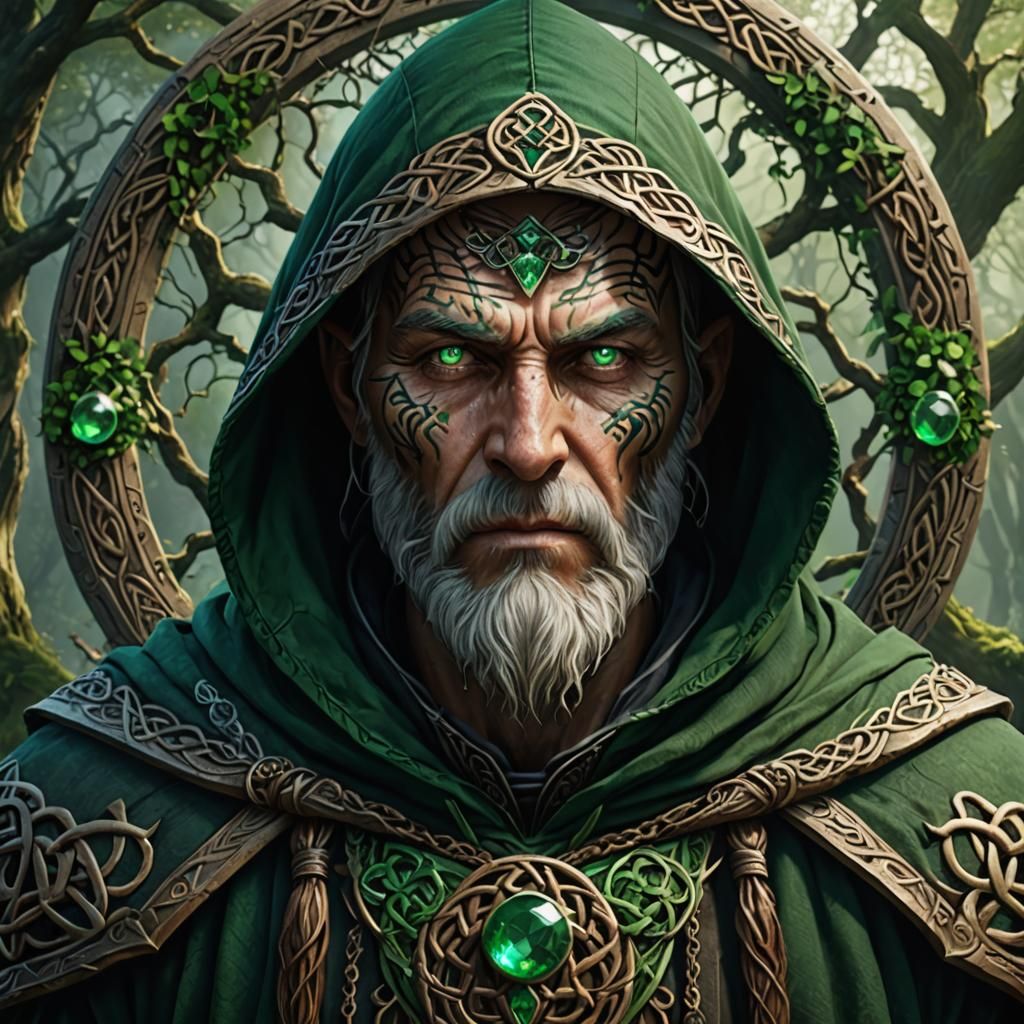 Celtic Druid with Emerald Eyes, Detailed Fantasy Art