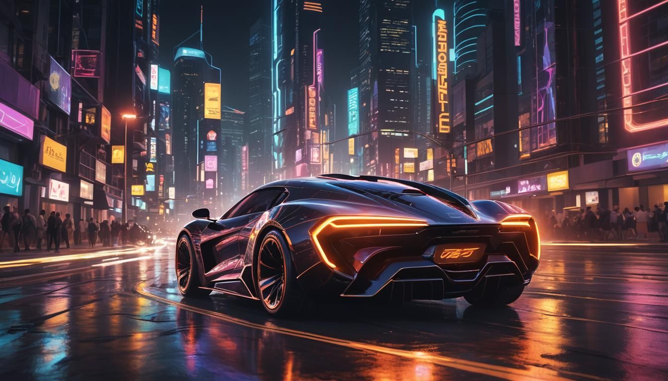 Alien Sports Car Speeds Through Neon Cityscape