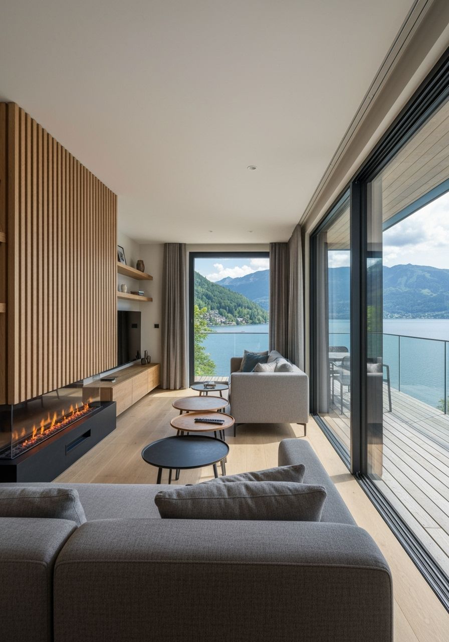 Modern Lakeside Apartment Living Room View