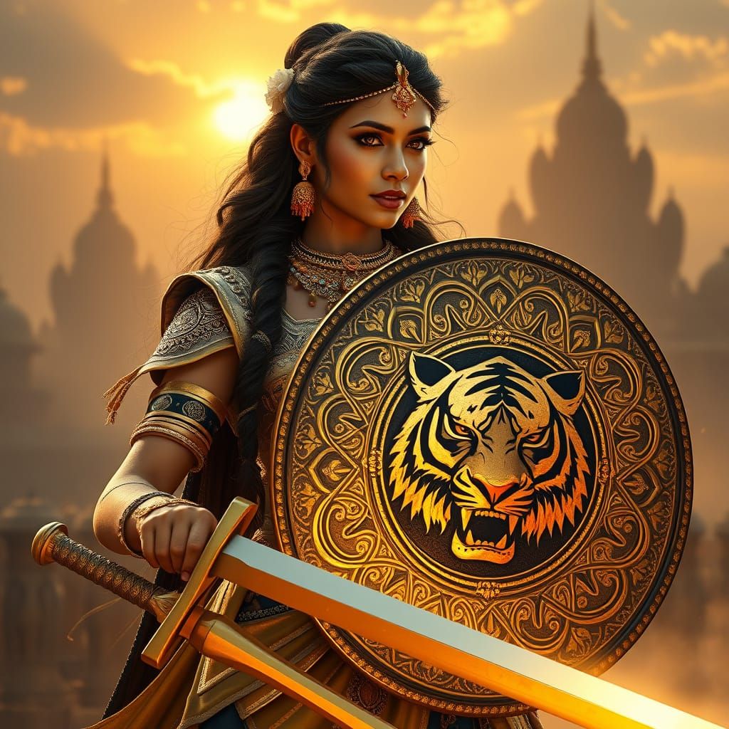 Regal Indian Warrior Queen in Golden Armor