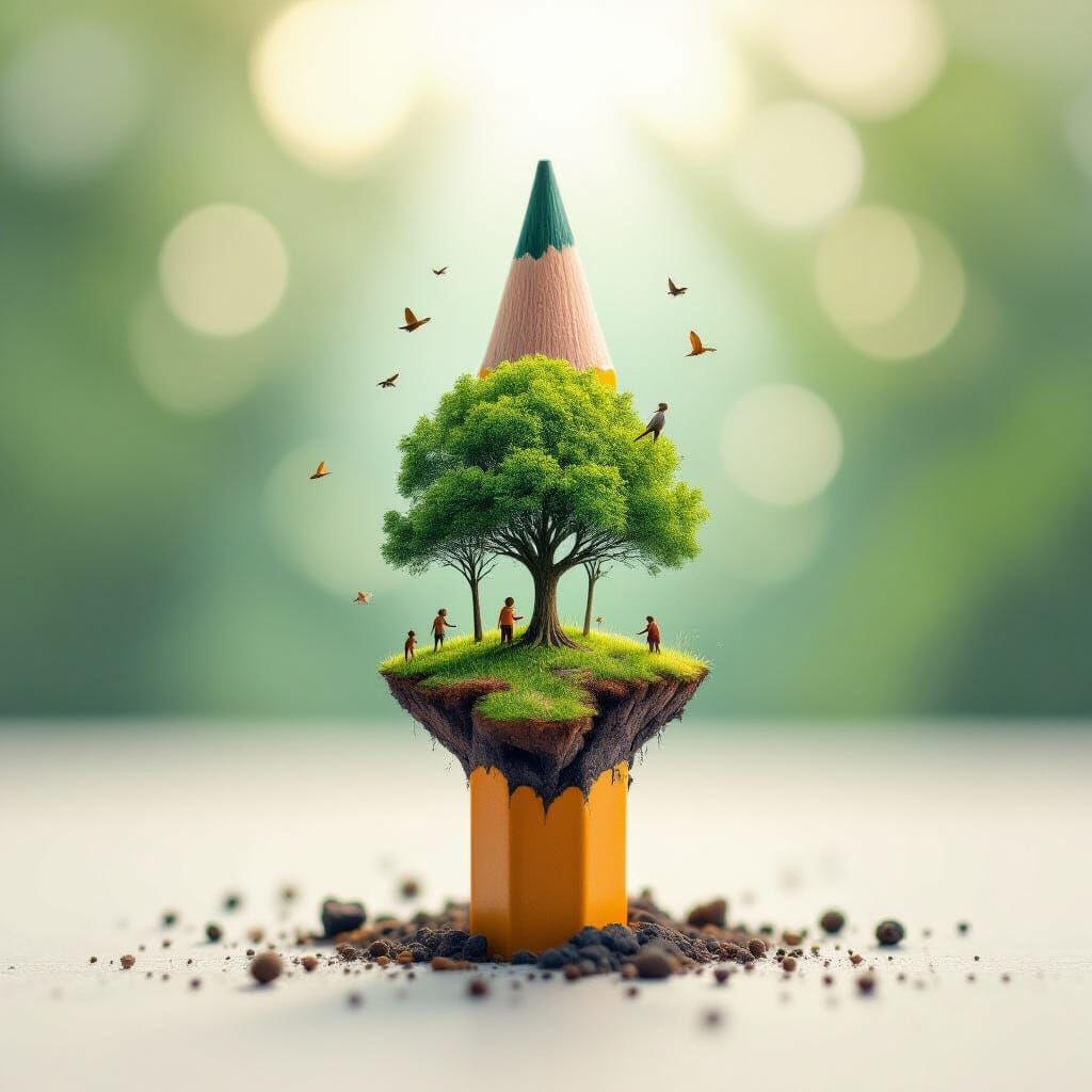 Pencil Tip Blooms Into Miniature Forest In Watercolor Style