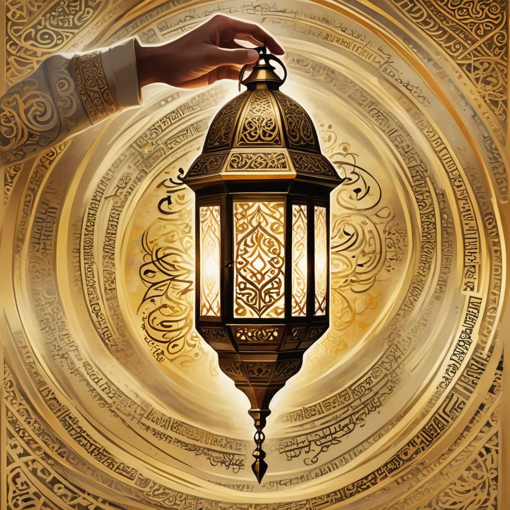 Mystical Illuminated Manuscript with Glowing Lantern