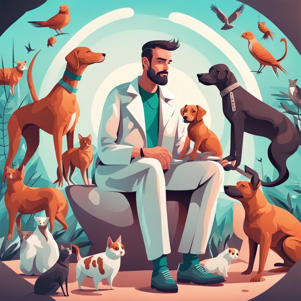 Futuristic Vet Surrounded by Pets in Nature