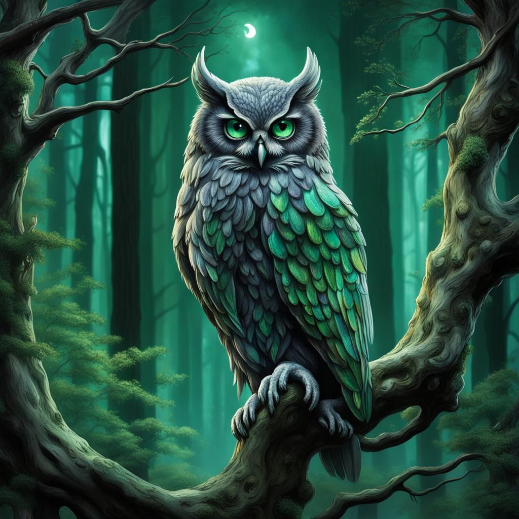 Moonlit Forest: Owl-Panther Creature Portrait
