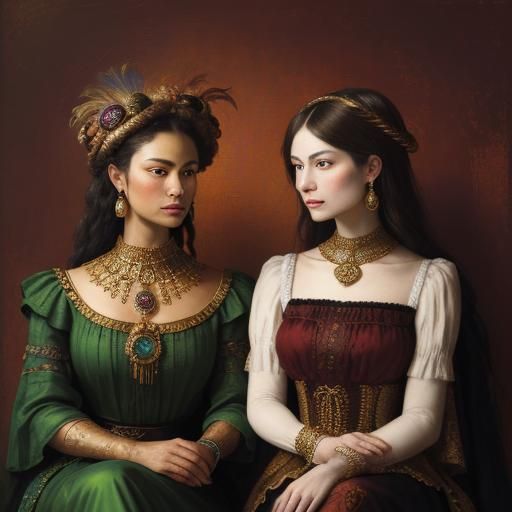 Baroque Portrait of Women with Gold Skin and Feathers