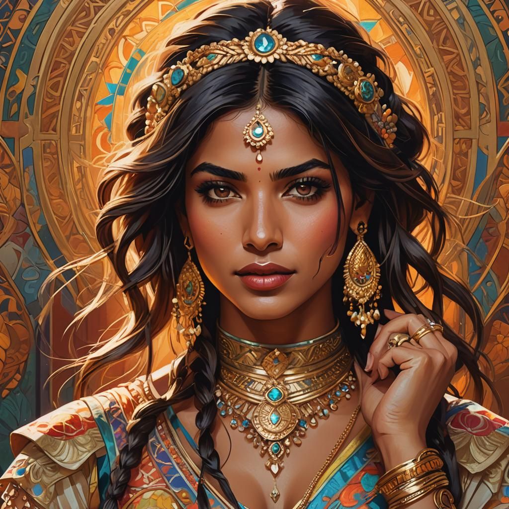 Young Woman Portrait in Alphonse Mucha Style