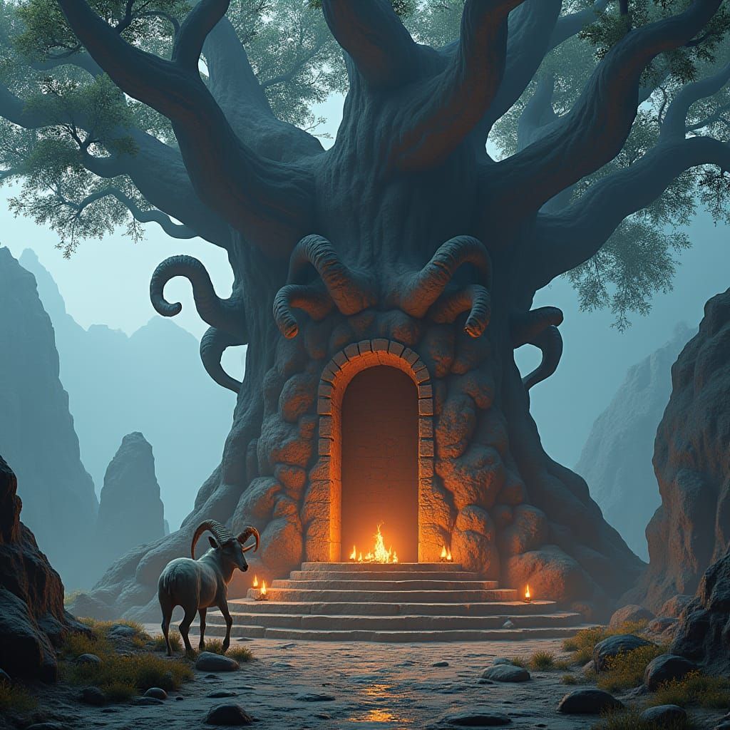 Mystical Stone Altar with Ram Entangled in Branches
