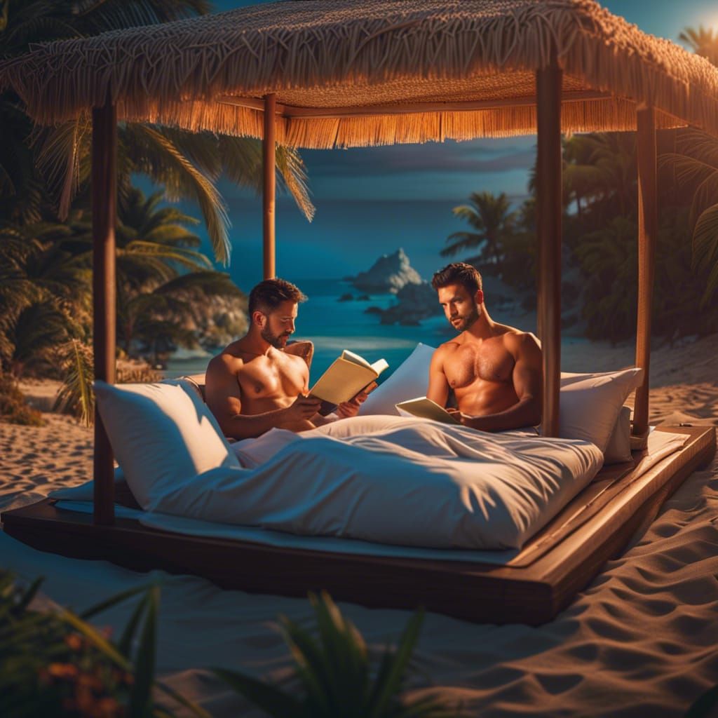Handsome Men Relaxing on Beach at Sunset in 3D