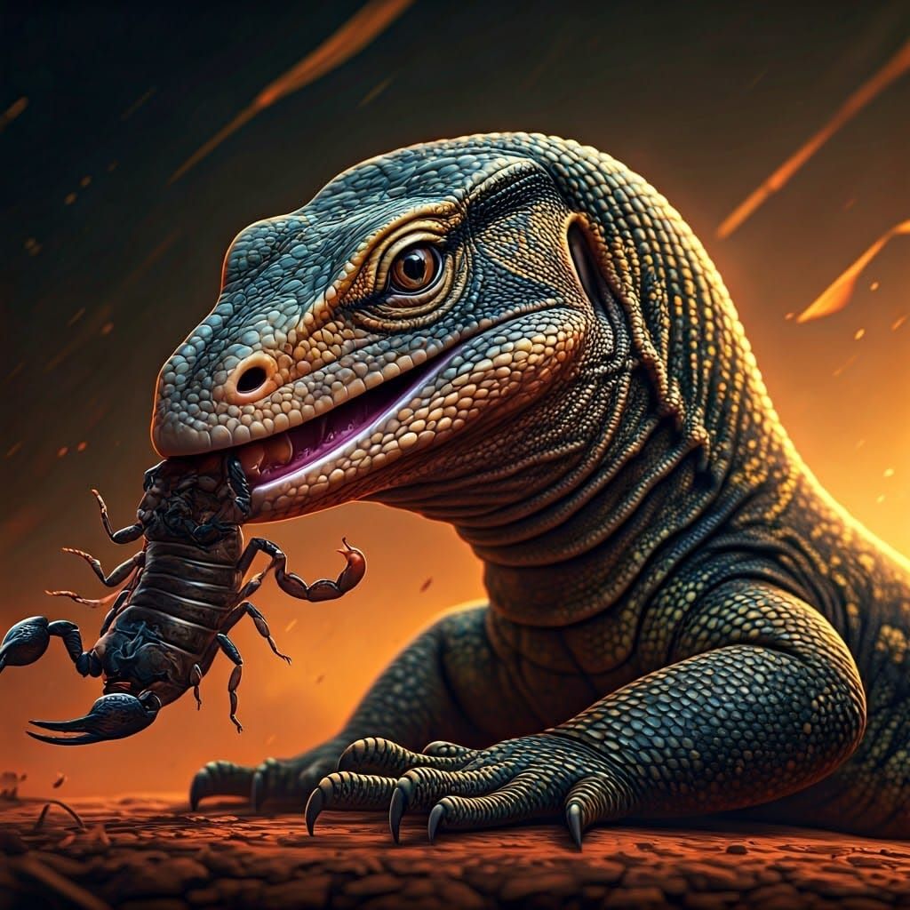 Surreal Savannah Monitor Lizard in Dramatic Landscape