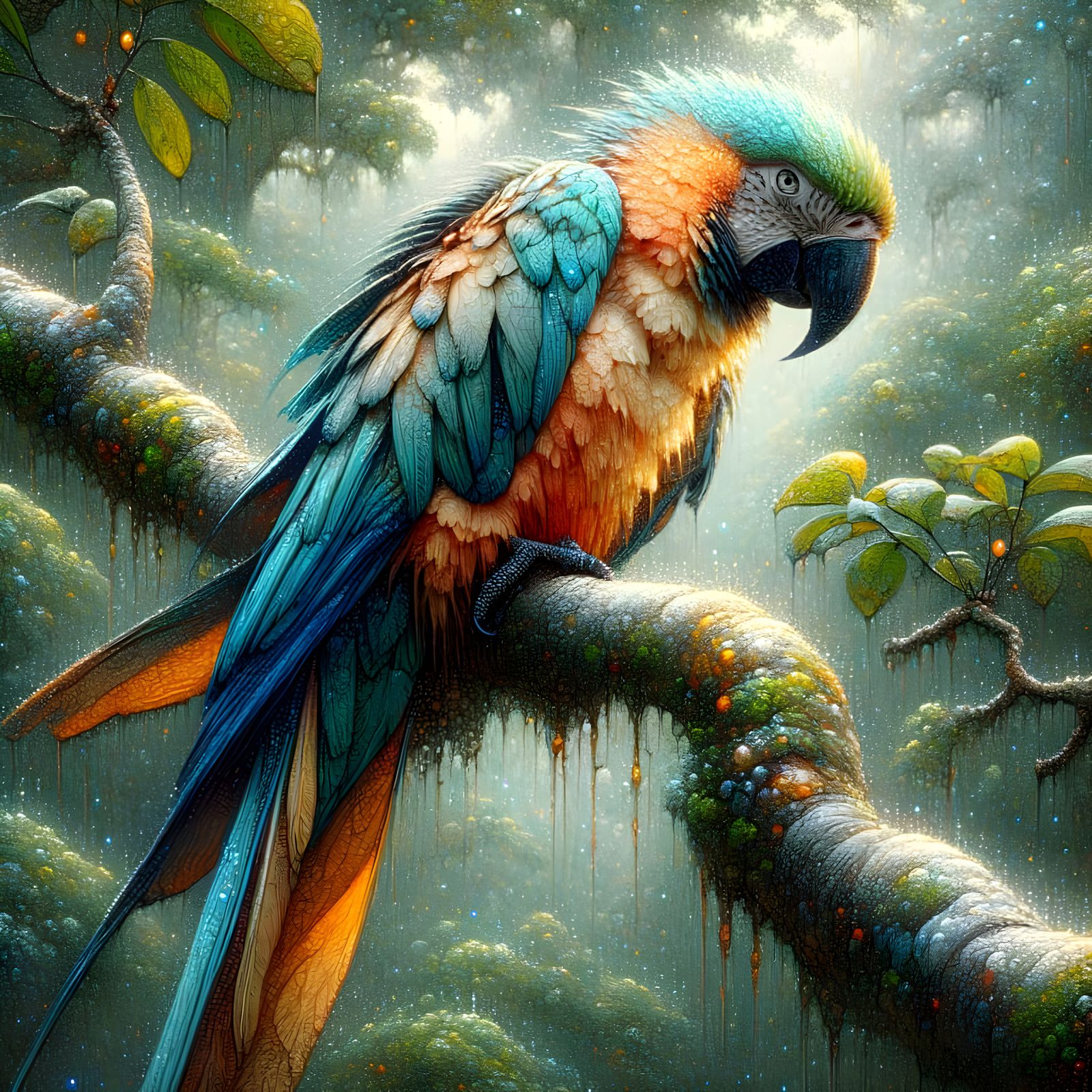 Luminous Ara Perched in Rainforest Shades