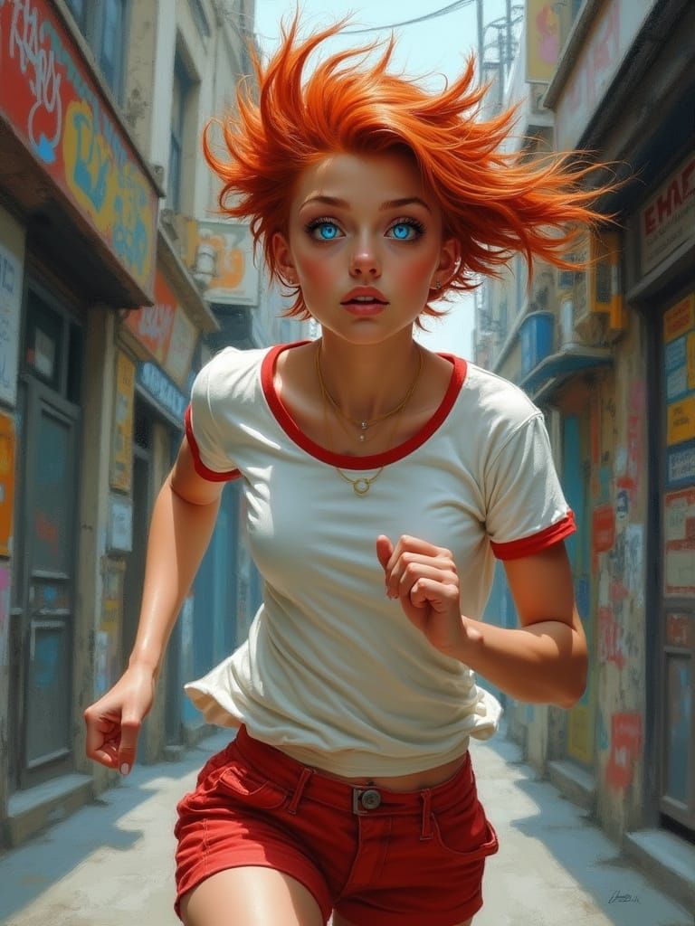 Determined Woman with Spiky Red Hair in Urban Alleyway