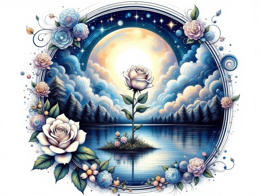 Stunning White Rose Blooms on Serene Island Under Starry Nig...