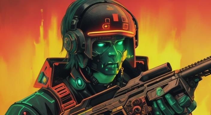 Cyberpunk Warrior with Flaming Breath in Neon Cityscape