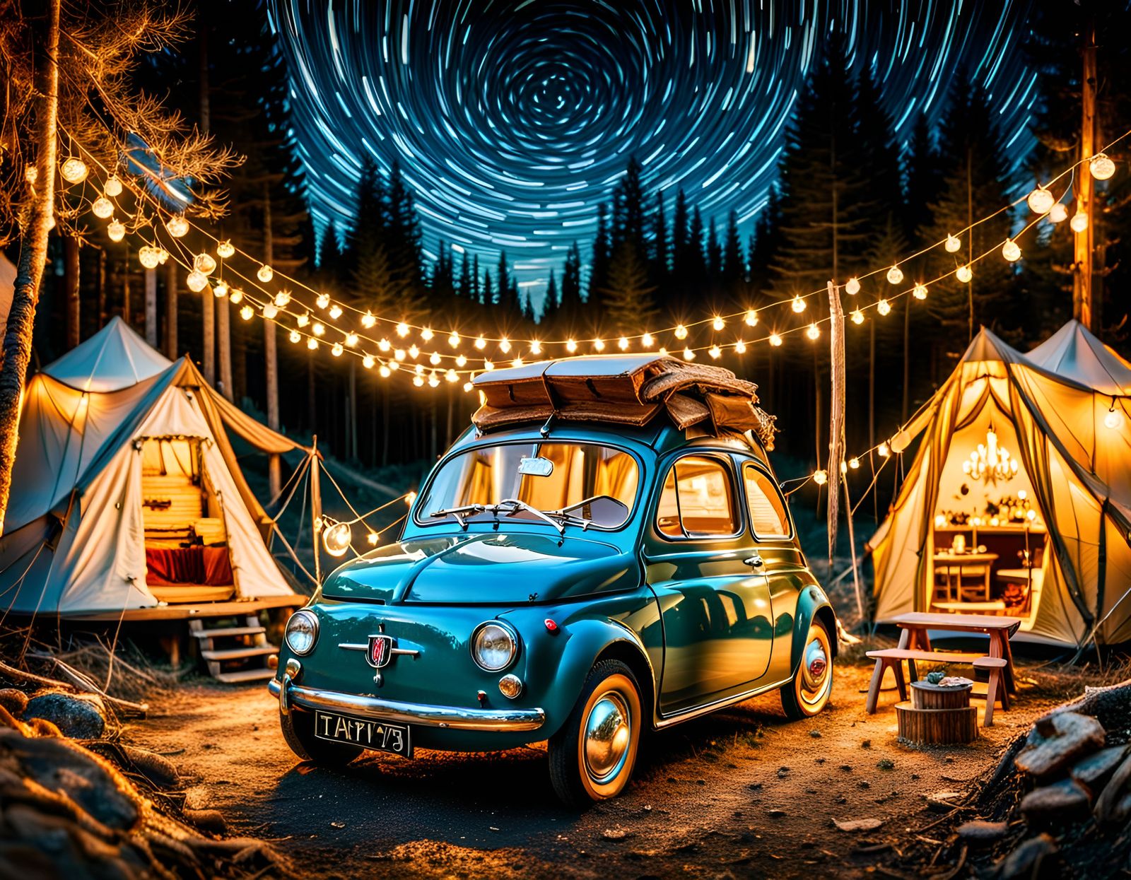 Enchanted Fiat 500 Glamping Scene