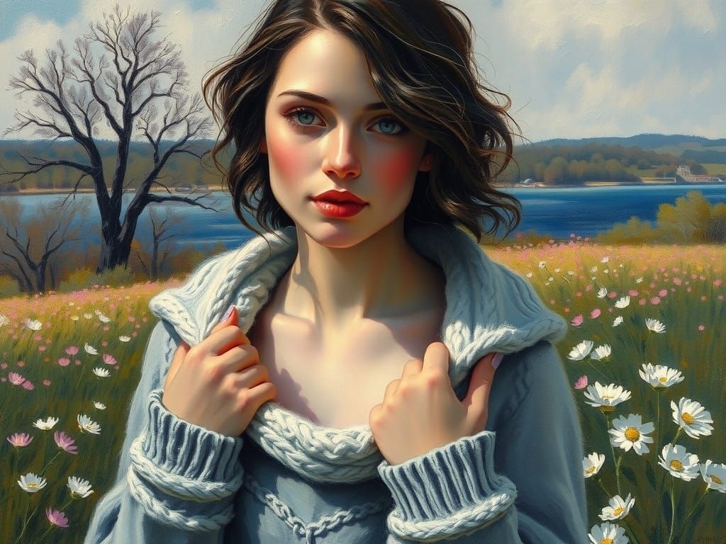 Woman in Spring Landscape: Oil Painting