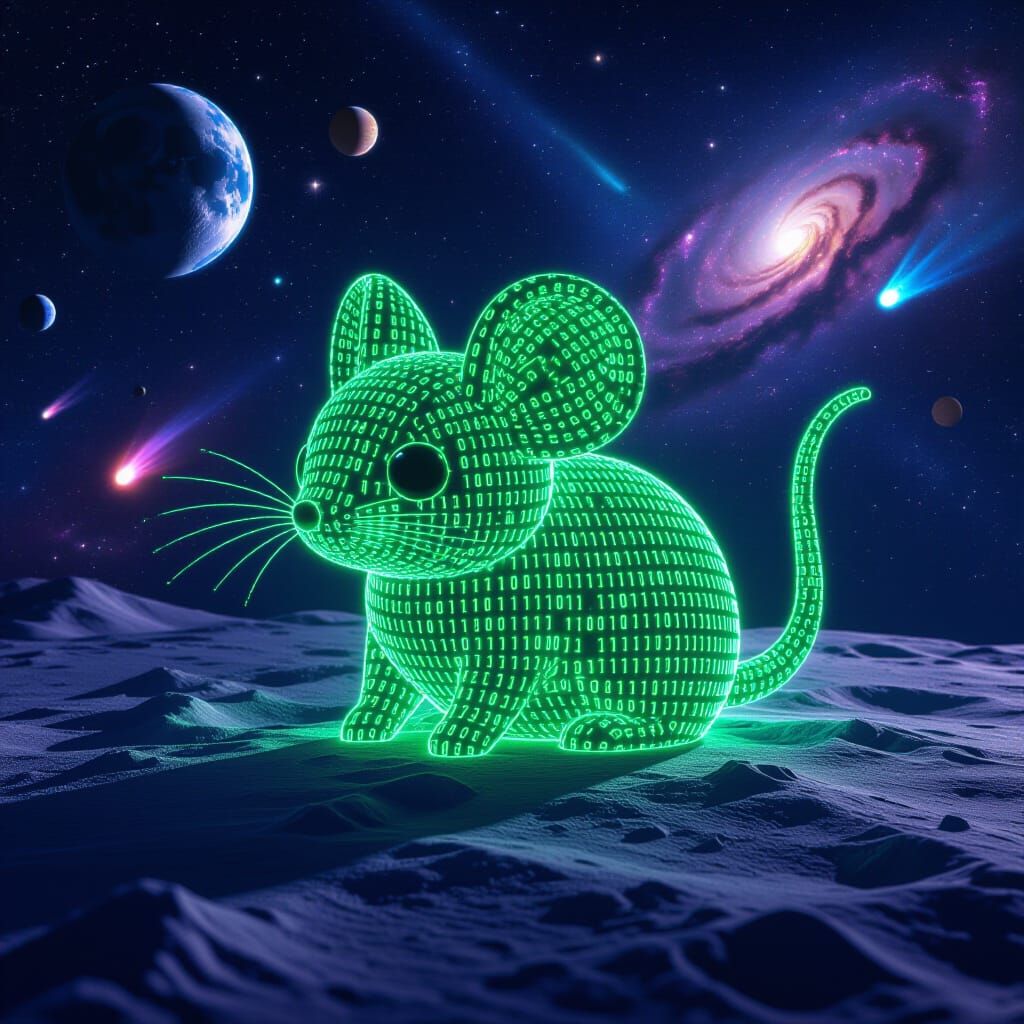 Holographic Chibi Mouse Made of Neon Binary Code