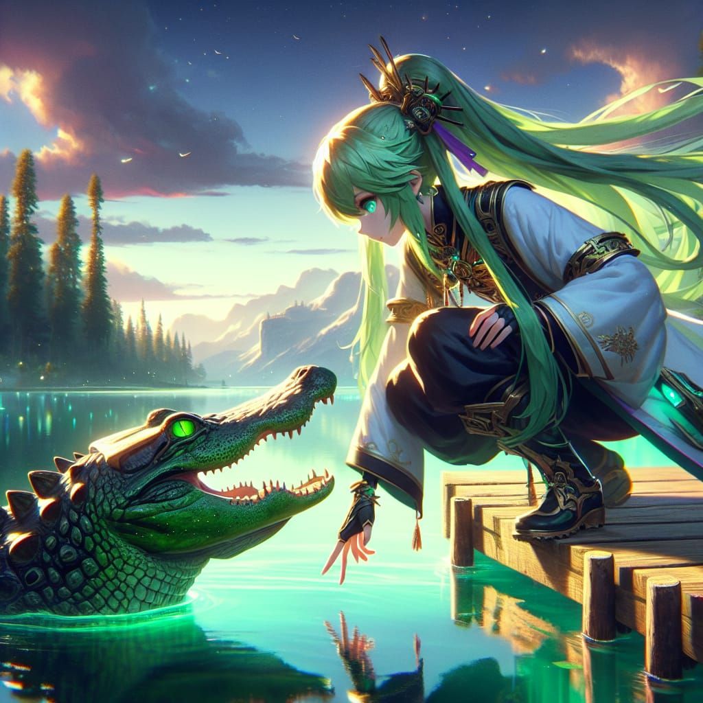Anime Girl Befriends Alligator: Fantasy Concept Art