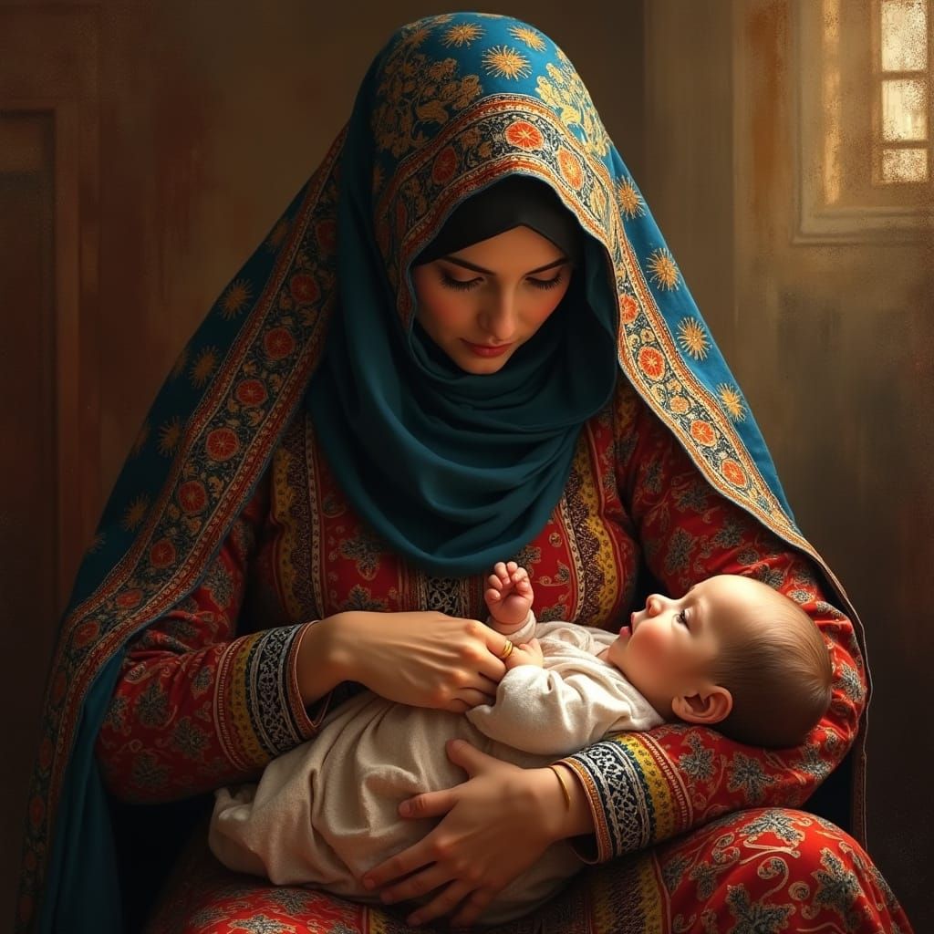 Veiled Mother Breastfeeding, Persian Art Style