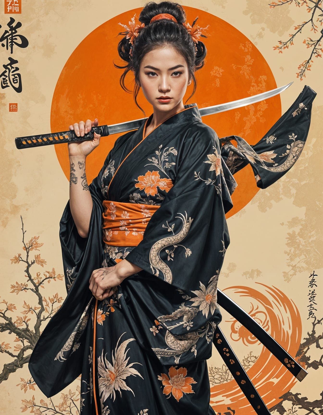 Cinematic Digital Painting of a Japanese Warrior Woman