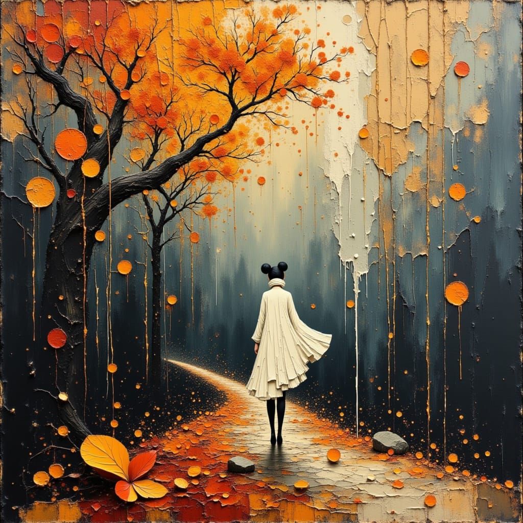 Figures Amidst Flowing Leaves in Expressive Brushstrokes