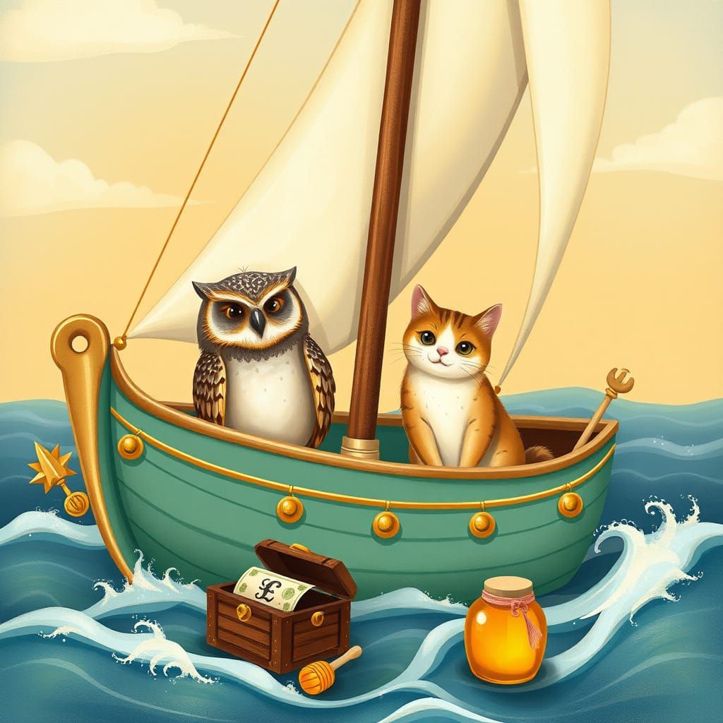 Whimsical Owl and Cat Sailboat Voyage in Dreamlike Style