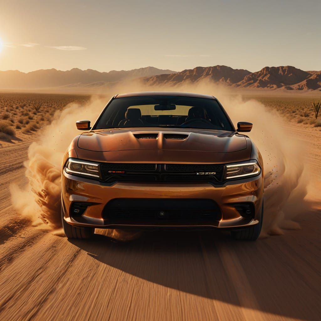 Dodge Charger F1 Races in Golden Hour Desert Sunset