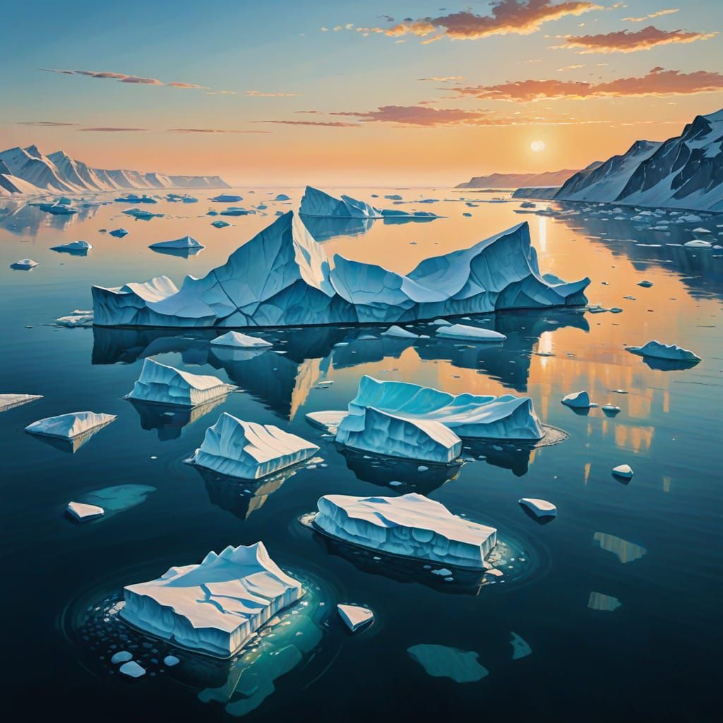 Breathtaking Icebergs at Golden Hour: Aerial Oil Painting