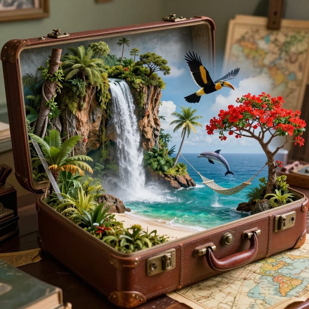 Fantasy World Inside Suitcase: Hyperrealistic 3D Render