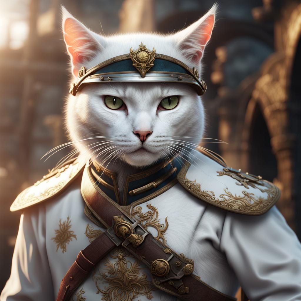 White Cat in 1800s War Costume, Detailed Painting