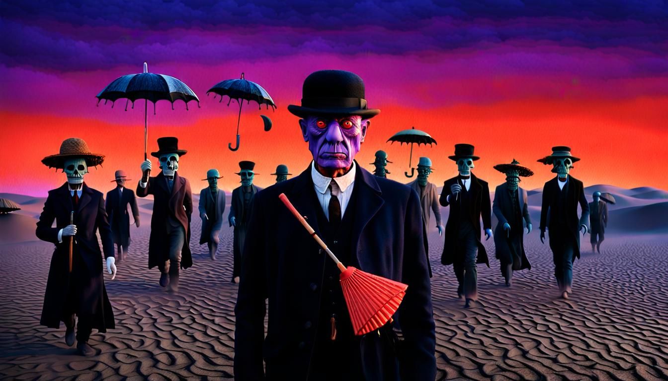 Magritte Bowler Hat Man in Surreal Desert Landscape