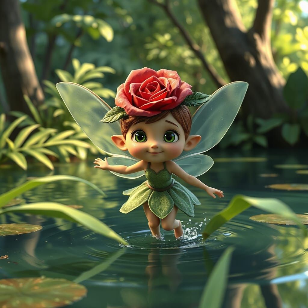Rose Fairy Jumps in Lake, Pixar-Style 3D Render