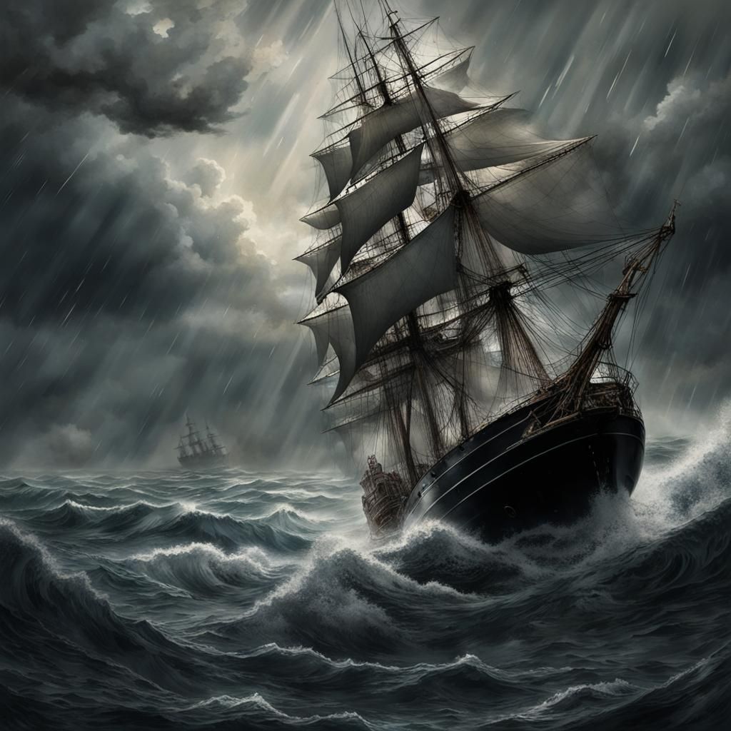 Ship in a Stormy Ocean at Night