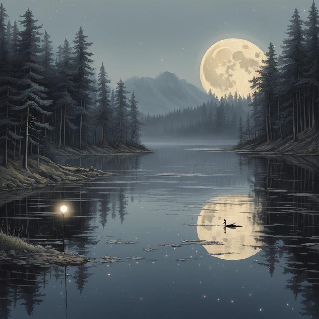 Young Woman Basks in Moonlit Pond under Starry Night