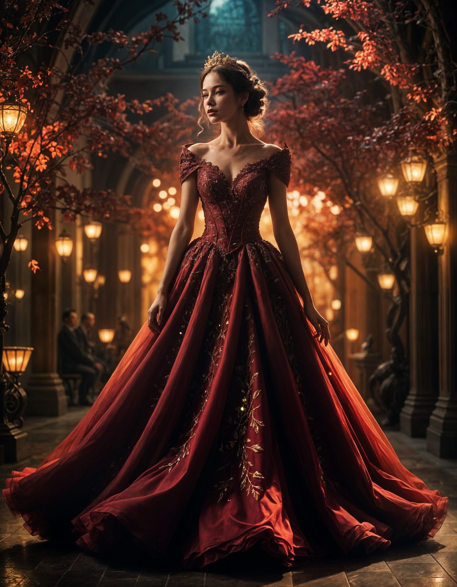 Mystical Crimson Ballgown in Fantasy Art Style
