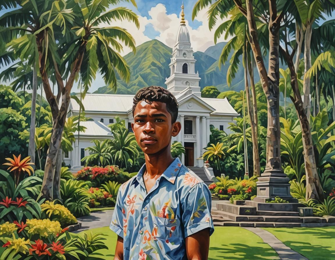 Fijian Boy at Suva Temple in Gouache Style