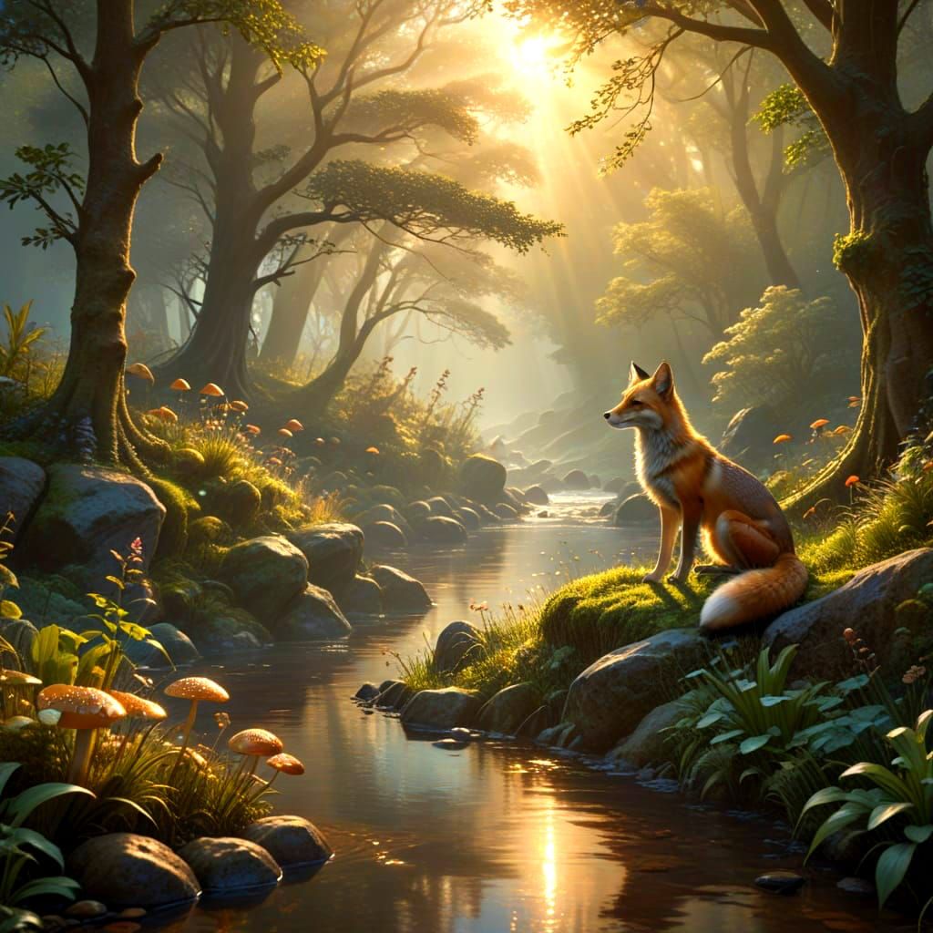 Wood Elf Woman Petting Fox in Enchanted Forest