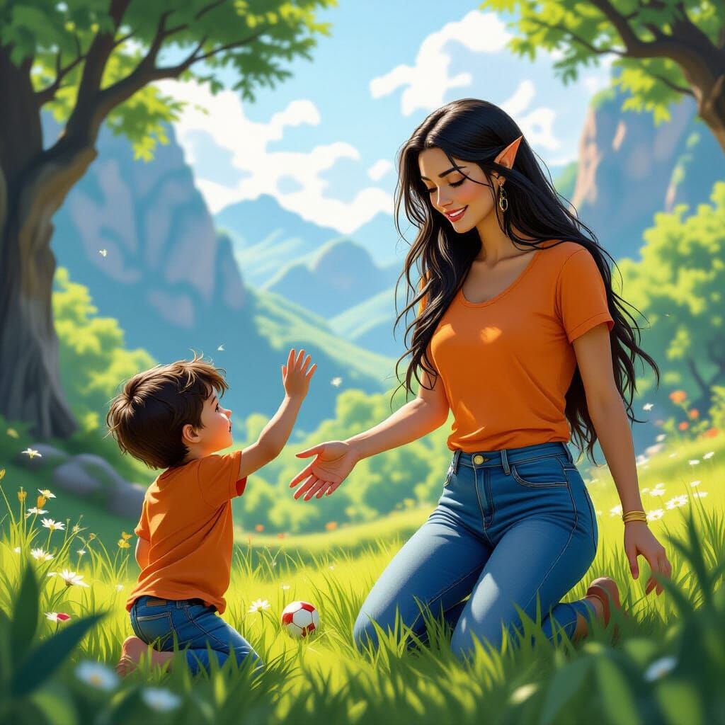 Elven Woman and Son in Fantasy Landscape